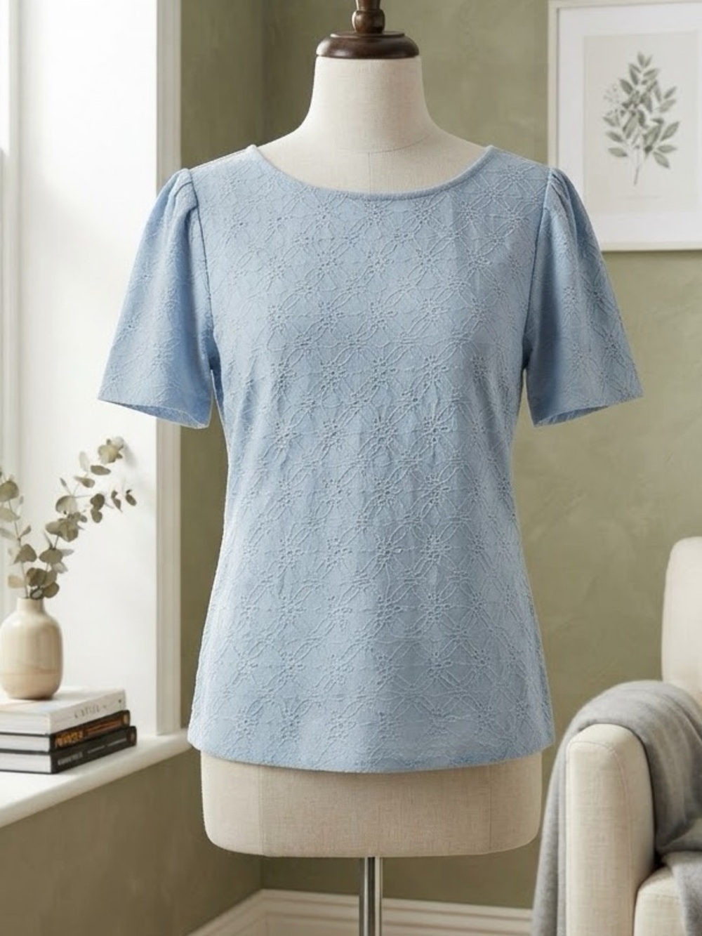 Ann Taylor Factory Light Blue Lace Scoop-Neck Puff Sleeve Top
